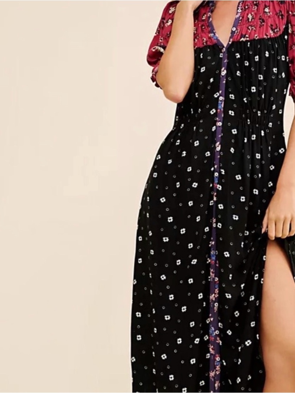 Free People Floral Trim Black Dress with Purple Yoke